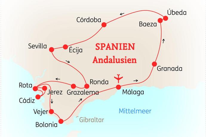 Reiseroute der 11-tägigen Andalusien Reise 