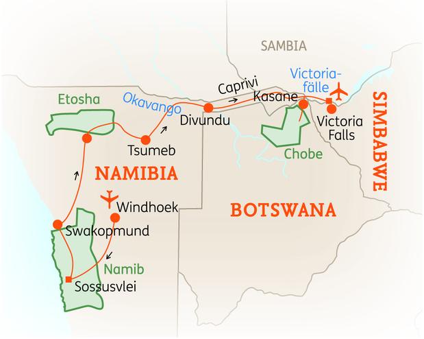 Reiseroute der 15 Tage Namibia & Botswana Reise