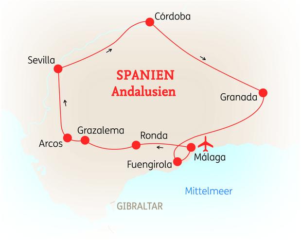 Reiseroute der 8 Tage Andalusien Reise