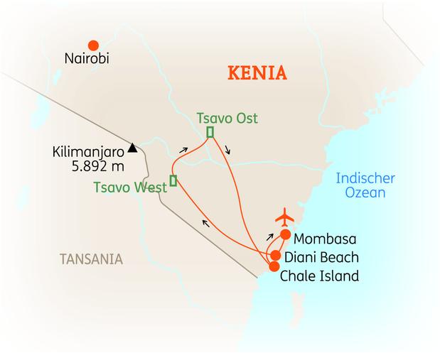 Reiseroute der 14 Tage Kenia Reise