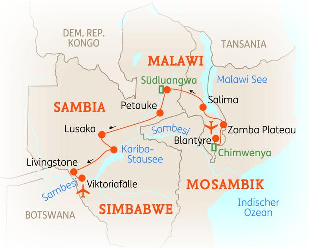 Reiseroute der 16 Tage Malawi & Sambia  Reise