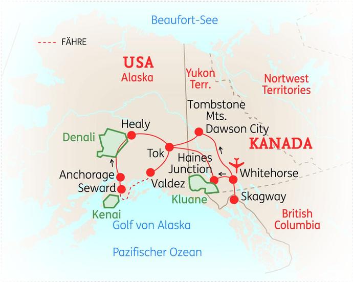 Reiseroute der 16-Tage Alaska & Yukon Rundreise