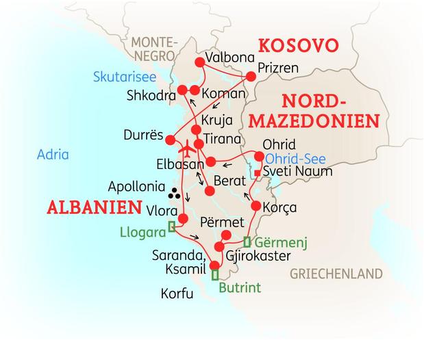 Reiseroute der 14 Tage Albanien Reise 