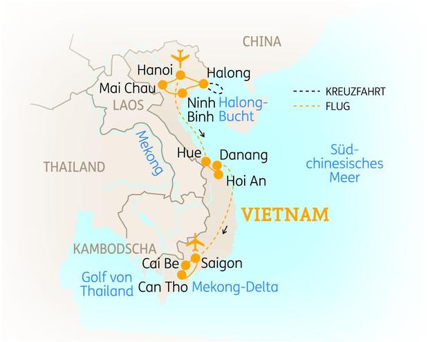 Reiseroute der 15-tägigen Vietnam Reise