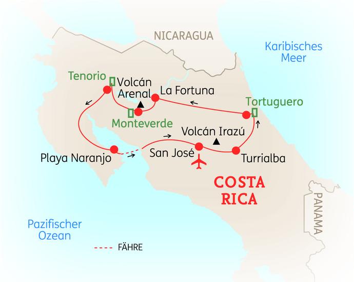 Reiseroute der 16 Tage Costa Rica Reise 