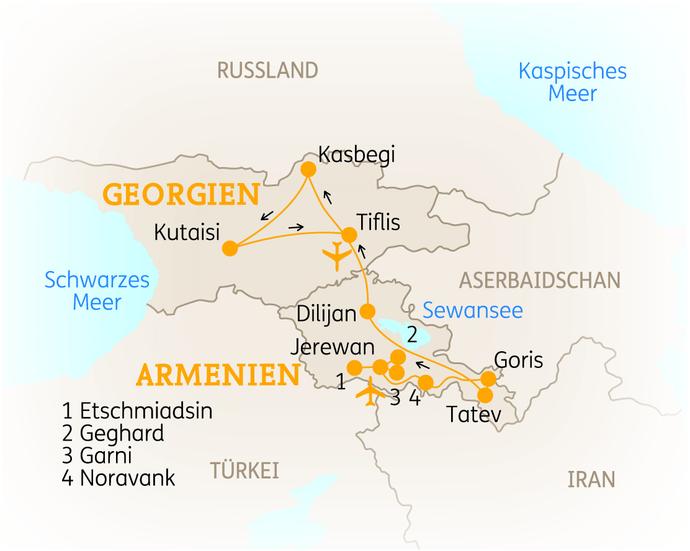 Reiseroute der 13 Tage Armenien & Georgien Reise