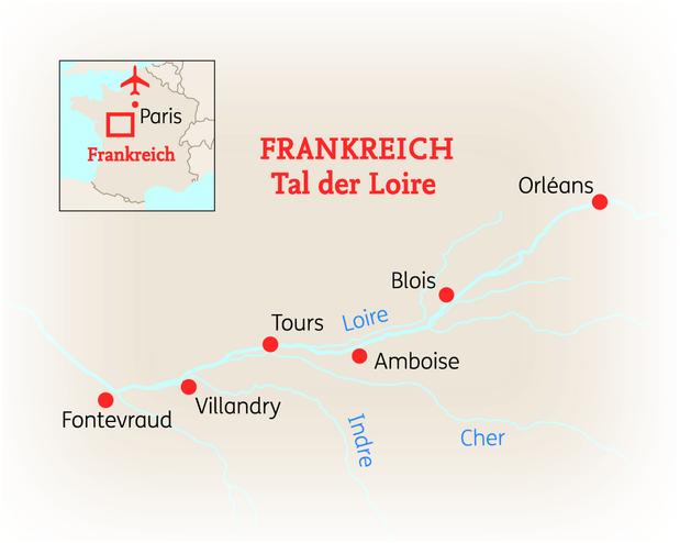 Reiseroute der 8 Tage Loiretal Reise