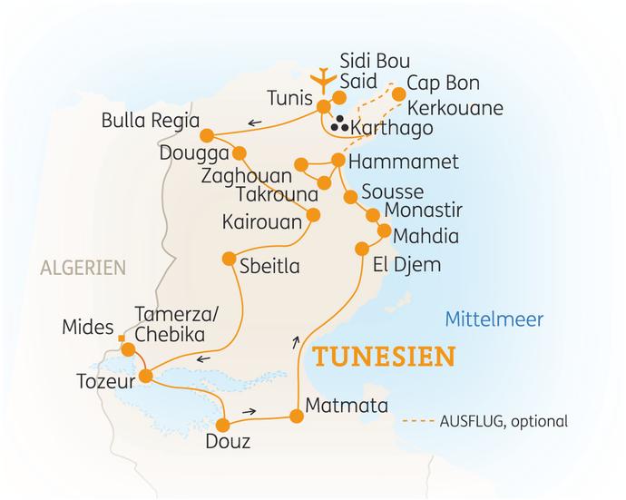 Reiseroute der 12 Tage Tunesien Reise