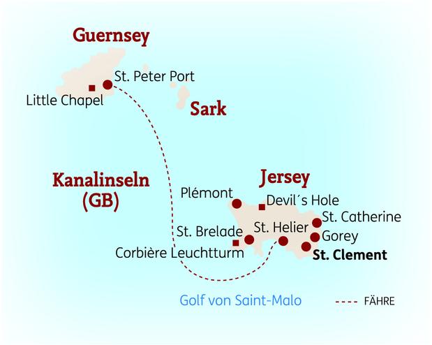 Reiseroute der 8 Tage Jersey & Guernsey Reise