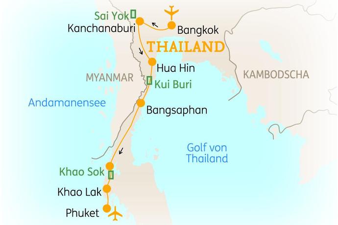 Reiseroute der 13 Tage Thailand Rundreise mit Strandaufenthalt auf Khao Lak