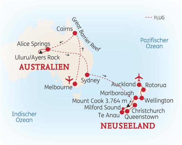 Reiseroute der 25 Tage Australien & Neuseeland Reise