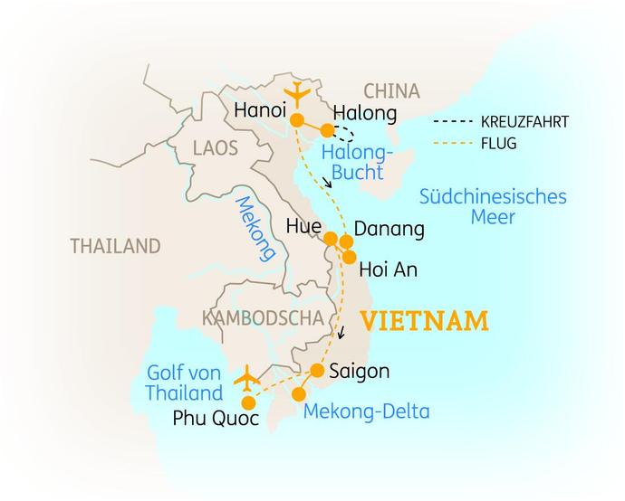 Reiseroute der 15-tägigen Vietnam Reise 