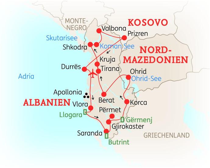 Reiseroute der 14-tägigen Albanien Reise 