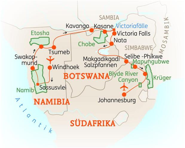 Reiseroute der 21 Tage NAMIBIA, BOTSWANA & SÜDAFRIKA Reise