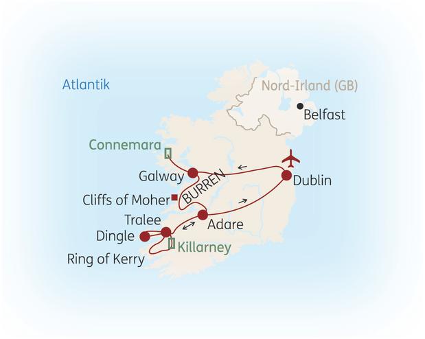 Reiseroute der 8 Tage Irland Reise