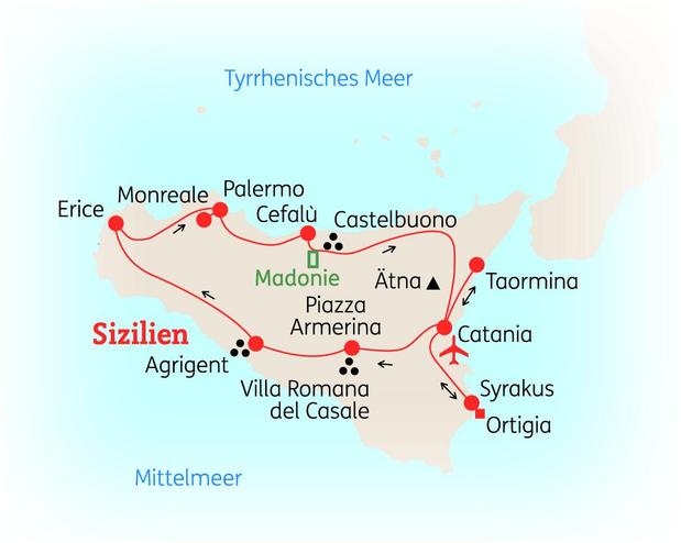 Reiseroute der 8 Tage Sizilien Reise