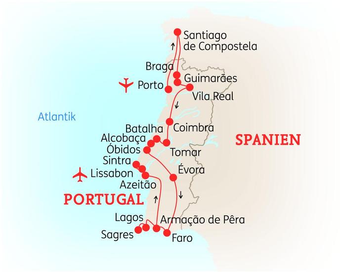 Reiseroute der 14-tägigen Portugal Rundreise 