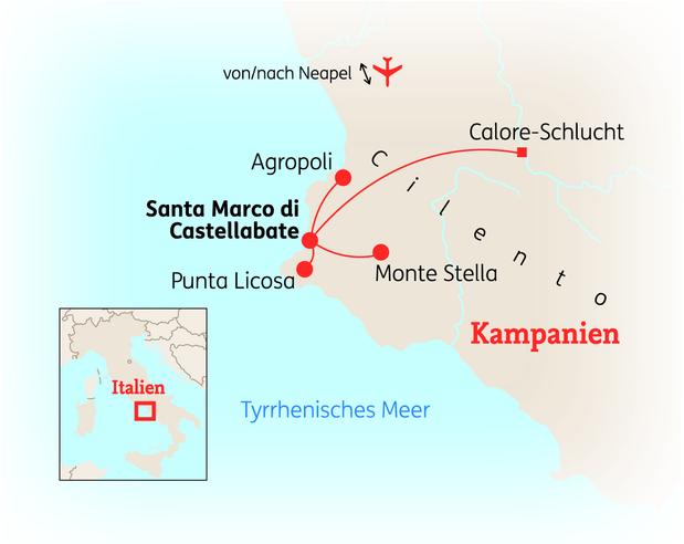 Reiseroute der 8 Tage Cilento Reise