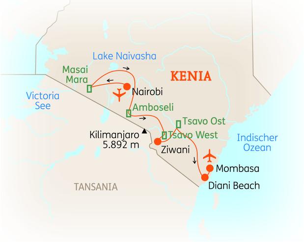 Reiseroute der 16 Tage Kenia  Reise
