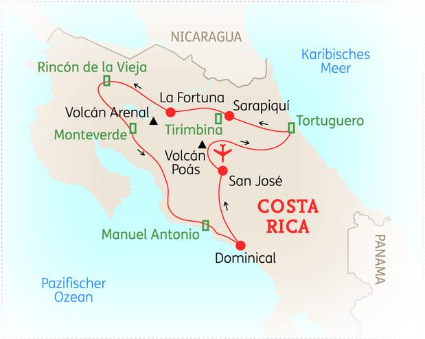 Reiseroute der 16 Tage Costa Rica Reise