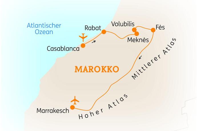 Reiseroute der 8 Tage Marokko Reise