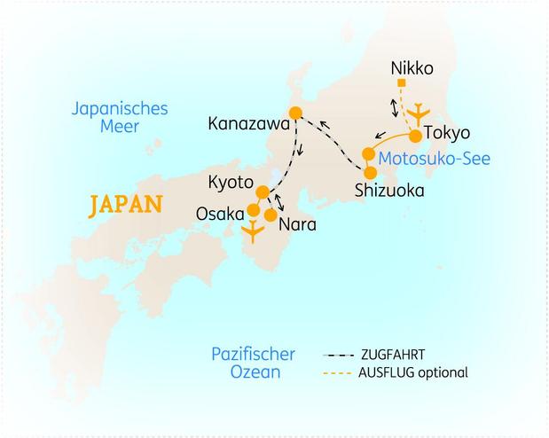 Reiseroute der 14 Tage Japan Reise
