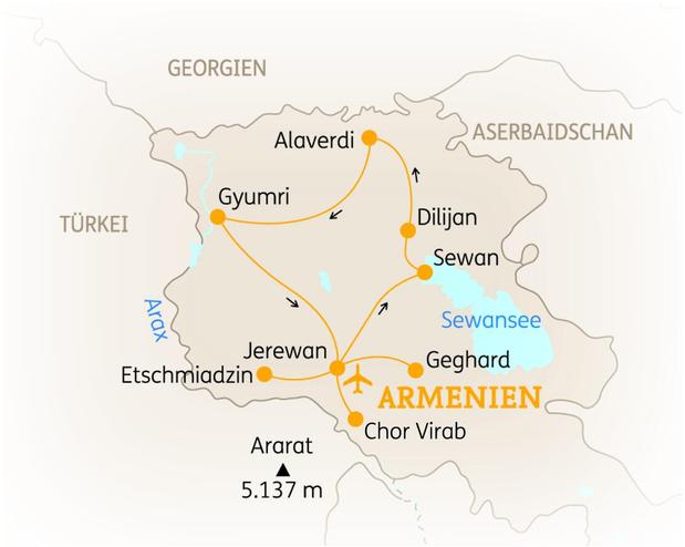 Reiseroute der 9-tägigen Armenien Rundreise 