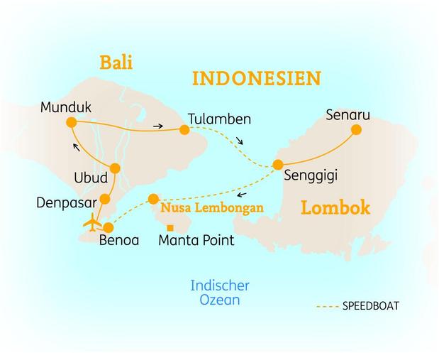 Reiseroute der 16 Tage Bali & Lombok / Indonesien Reise