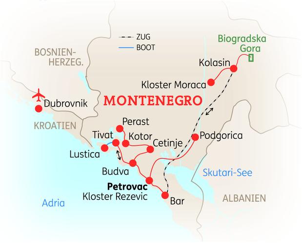 Reiseroute der 8 Tage Montenegro Reise