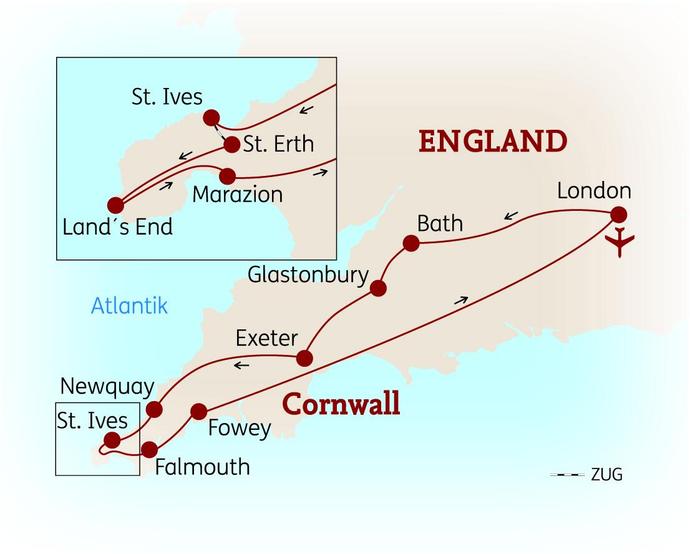 Reiseroute der 9-tägigen Cornwall Rundreise