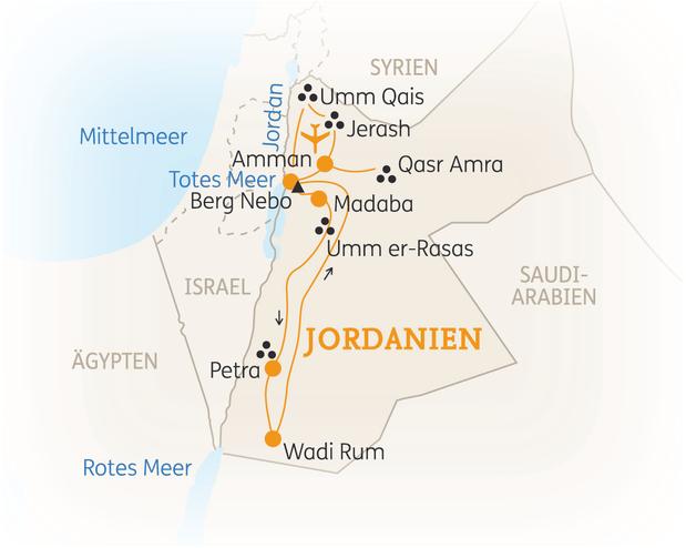 Reiseroute der 9 Tage Jordanien Reise