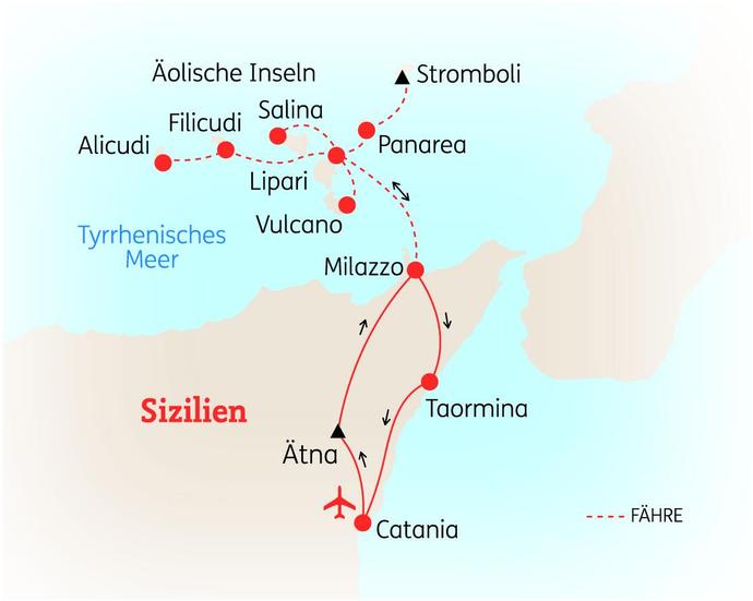 Reiseroute der 8 Tage Sizilien & Äolische Inseln Reise