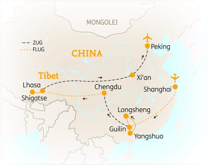 Reiseroute der 18 Tage China & Tibet Reise
