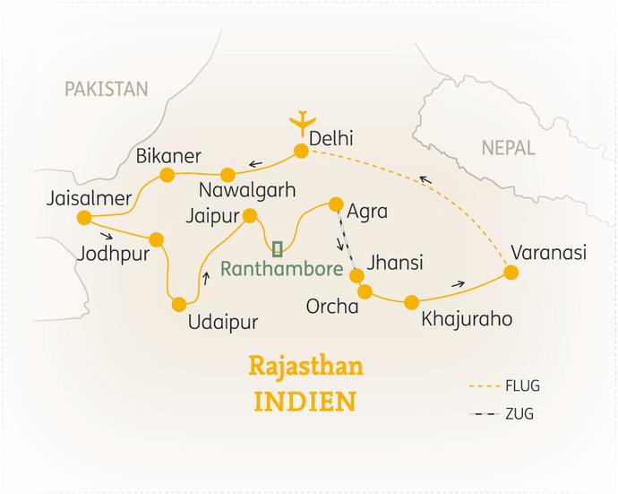Reiseroute der 20-tägigen Rajasthan & Nordindien Reise
