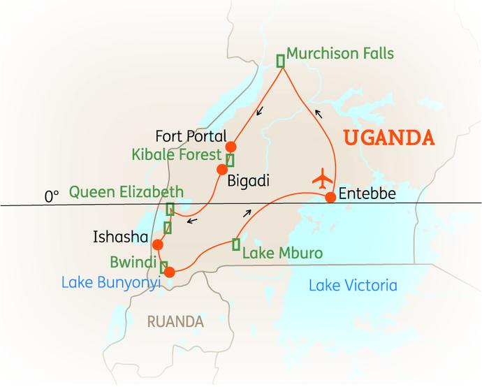 Reiseroute der 14 Tage Uganda Reise