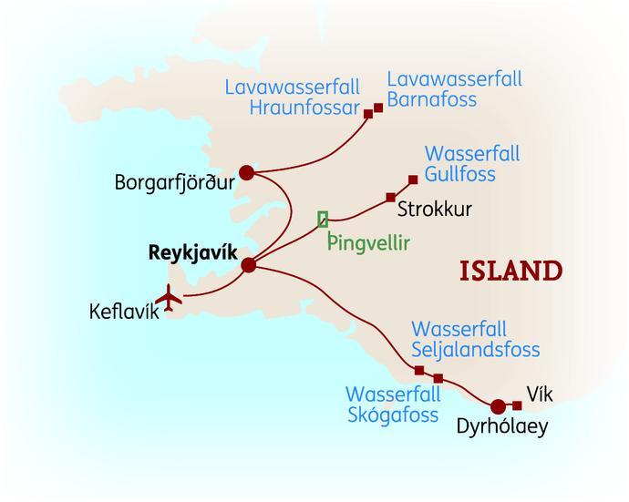 Reiseroute der 8 Tage Island Reise