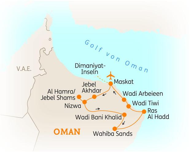 Reiseroute der 11-tägigen Oman Rundreise