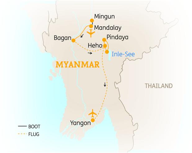Reiseroute der 15 Tage Myanmar Reise