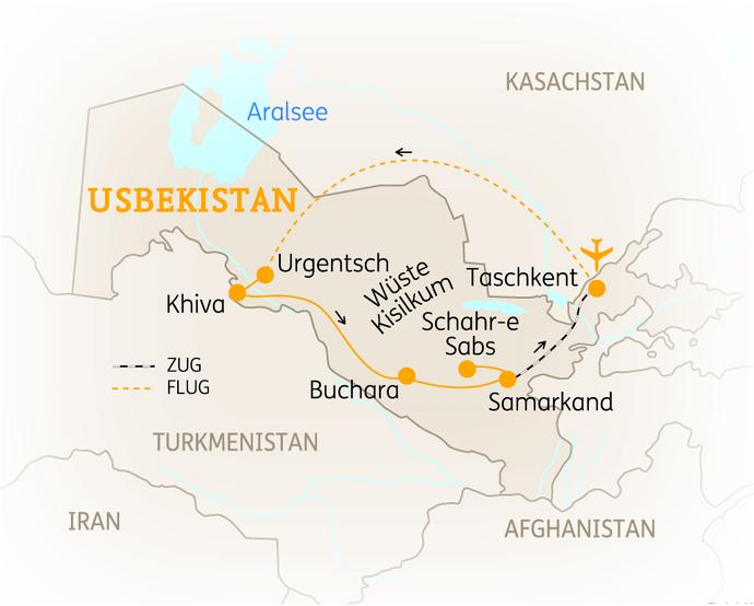Reiseroute der 11 Tage Usbekistan Reise