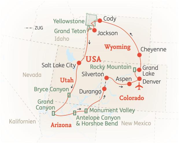 Reiseroute der 16 Tage Rocky Mountains & Südwesten Reise