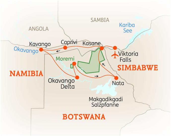 Reiseroute der 14 Tage Simbabwe, Namibia & Botswana Reise