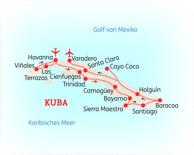 Reiseroute der 22 Tage Kuba Reise