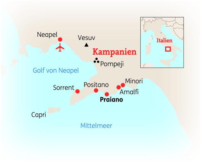Reiseroute der 8 Tage Golf von Neapel & Amalfiküste Reise