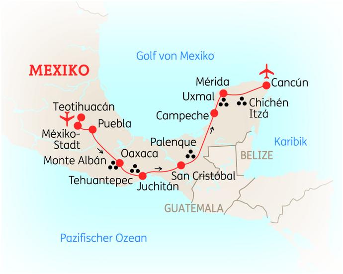 Reiseroute der 15 Tage Mexiko Reise