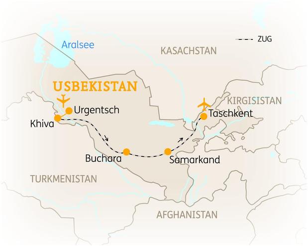 Reiseroute der 9-tägigen Usbekistan Rundreise