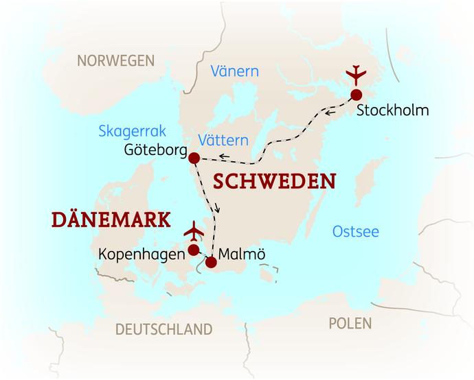 Reiseroute der 8 Tage Stockholm, Göteborg, Malmö & Kopenhagen Reise