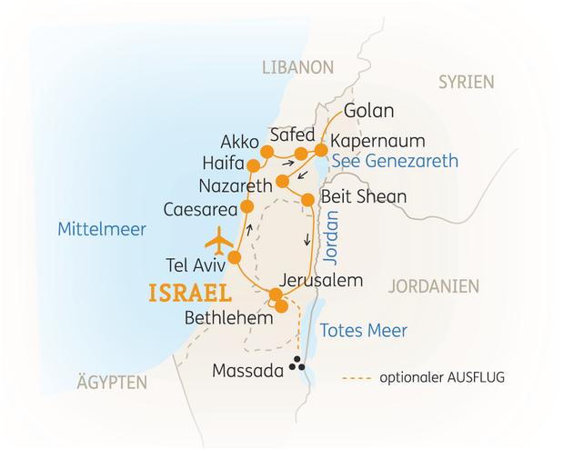 Reiseroute der 10 Tage Israel Reise