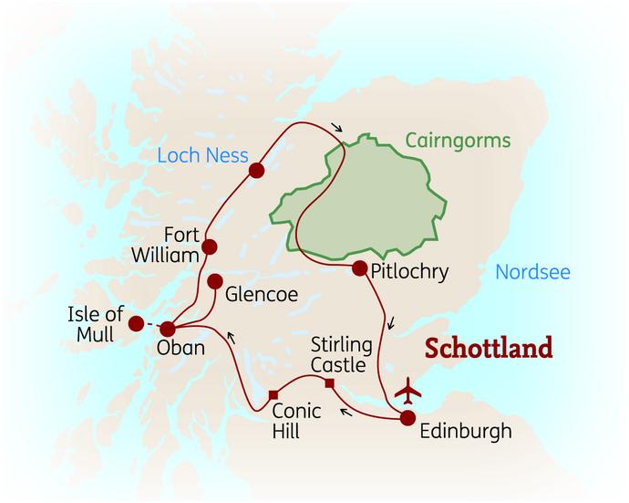 Reiseroute der 10 Tage Schottland Reise