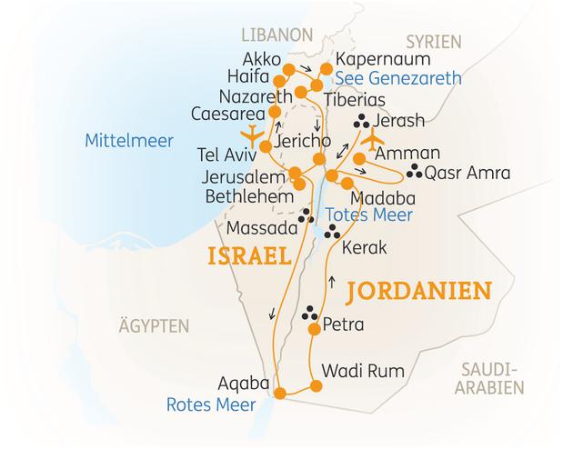 Reiseroute der 14 Tage Israel & Jordanien Reise