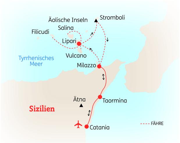 Reiseroute der 9 Tage Sizilien & Äolische Inseln Reise